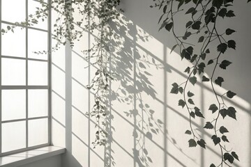Poster - Sunlight streams through a window casting shadows of ivy on a wall