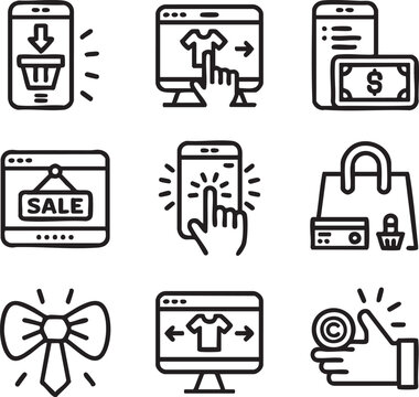 A collection of online shopping icons showcasing mobile payments, computer purchases, and sale promotions, isolated on white background