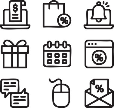 A collection of online shopping and promotion icons isolated on white background