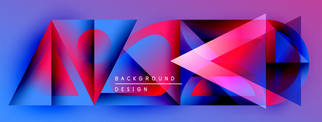 Poster - Abstract geometric shapes, vibrant colors, gradients create modern background. Design features triangles, lines, text elements.
