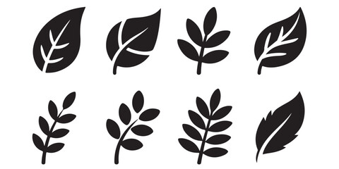 Poster - Collection of eight black leaf illustrations in varying shapes and styles on a white background vector art