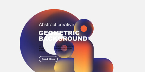 Poster - Abstract geometric shapes, vibrant colors, modern design. Includes text, button, black background, smooth gradients.