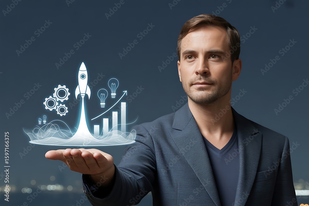 Man holding glowing startup rocket gears and lightbulbs with growth ...