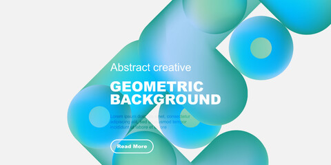 Poster - Abstract geometric background features vibrant blue, teal shapes. Text overlay includes title, sample text, button. Modern design.
