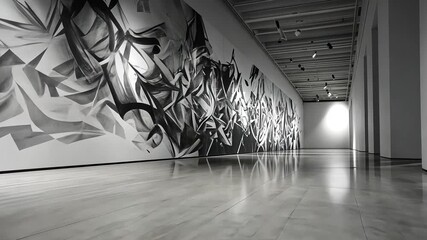 Poster - Monochromatic Abstract Mural in Modern Gallery