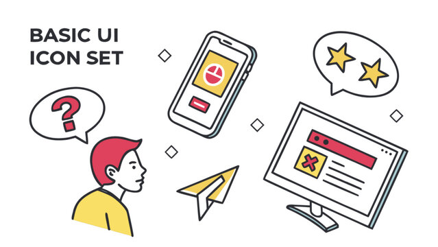 Illustration of a person thinking with ui icons including a phone, pc, paper plane and stars icon set