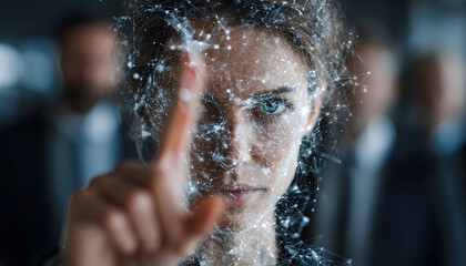 Poster - Woman uses AI tech to analyze employee data. Artificial intelligence connects with network points on face. Business team collaboration in office. Modern tech innovation concept. High tech workplace.
