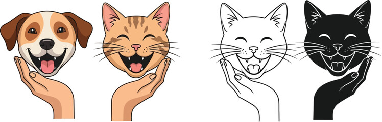 Poster - Cartoon dog and cat heads held in hands vector illustration for pet adoption and animal rescue concept