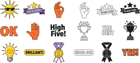 Poster - Success stickers set vector illustration good job excellent brilliant high five ok yes the best