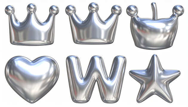 Collection of shiny silver metallic 3 D rendered shapes including crowns heart letter W and star
