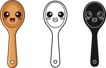 Poster - Kawaii wooden spoon vector illustration cute kitchen utensil cooking tool design set for kids and adults