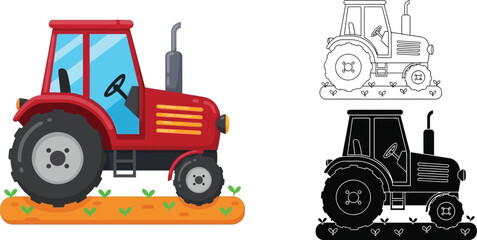 Poster - Red tractor vector illustration farm vehicle clipart agricultural machinery drawing farming equipment graphic design