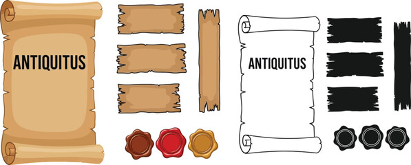 Poster - Vector set of old paper scrolls and wax seals for medieval documents and letters antiquitus parchment