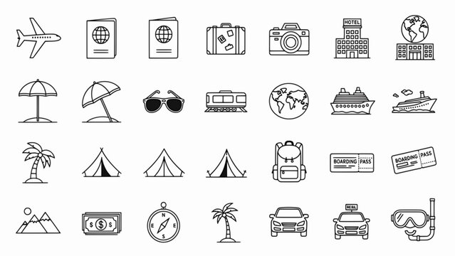 A collection of various business and office icons in a simple, flat, black and white style.