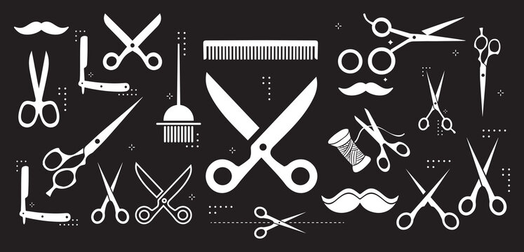 Barber Tools for Haircut black and white vector icon set