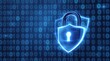 © CuteBee - Glowing blue padlock and shield over binary code background depicting cyber security concept