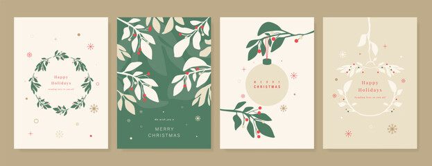 Wall Mural - Christmas and Happy holiday greeting card vector set. Elegant wallpaper with leaves, bauble, snowflake, wreath. Holidays design illustration for cover, print, poster, Happy New Year, ads.
