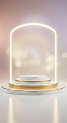 Poster - Elegant product display platform featuring a golden neon arch and blurred bokeh background