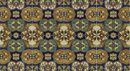 Poster - Intricate seamless pattern featuring floral medallions in teal gold and navy creating a luxurious
