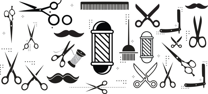 Barber Tools for Haircut black and white vector icon set