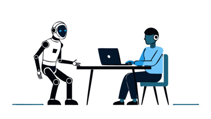 Fototapete - Illustration of a robot and a person sitting at a desk with a laptop in a meeting scenario
