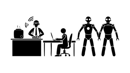 Fototapete - Illustration of office scene with manager, worker at laptop, and two standing robots in black