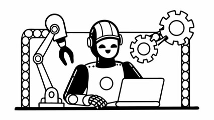 Fototapete - Illustration of a robot working at a desk with a laptop and mechanical arm in a factory setting design