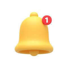 Poster - 3d rendered yellow notification bell icon with red number one badge isolated on transparent background