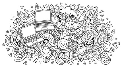 Aufkleber - A chaotic doodle illustration filled with technology icons laptops hearts and abstract shapes on a white background