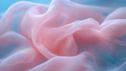 Close-up macro image of a delicate pastel pink net fabric on a soft blue background, highly detailed product image, texture focus, delicate mesh pattern, elegant textile display.