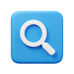 Poster - Modern 3d magnifying glass icon on a bright blue square isolated on transparent background