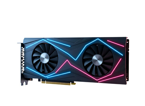 Gaming graphics card with blue and red led lighting isolated on transparent background