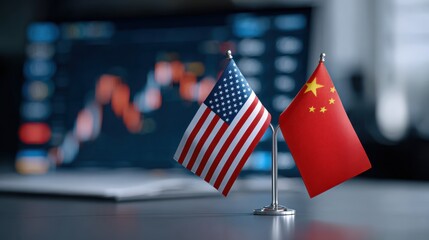 Poster - Global trade small business. Flags of the USA and China on a table with financial charts in the background.