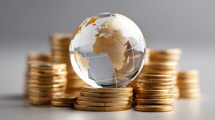 Poster - Global trade small business. Globe on stacks of coins representing global finance and investment concepts.