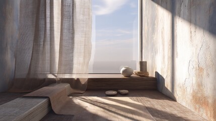 Poster - Window with curtain and sunlight casting shadows on the wall and floor with small decorative objects