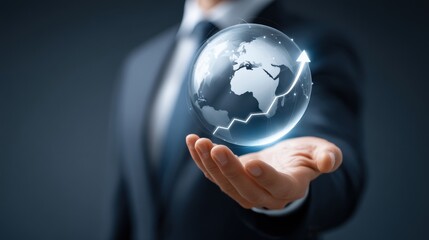 Poster - Global trade small business. A businessman holds a glowing globe, symbolizing global connectivity and growth.