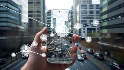 Poster - Urban Connectivity: Smartphone Displaying Cityscape and Network