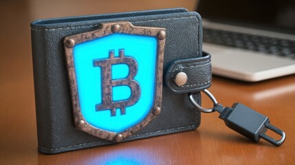 Poster - Bitcoin wallet with keychain featuring iconic symbol of digital currency in ai-driven quantum wallet concept