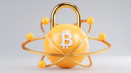 Poster - Golden atom design incorporating bitcoin representing fusion of technology and digital currency in finance