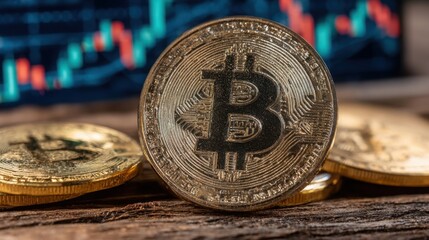 Poster - Bitcoin coin displayed next to stock chart illustrating market trends and financial growth opportunities in cryptocurrency