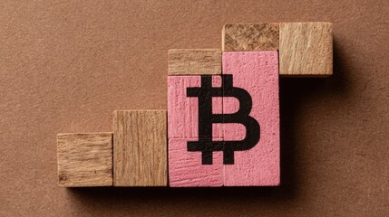 Poster - Wooden block featuring intricate bitcoin symbol representing cryptocurrency concepts and financial accumulation strategies