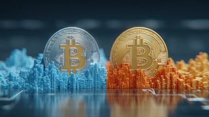Poster - Urban landscape featuring a bitcoin coin symbolizing the integration of digital currency in modern city life