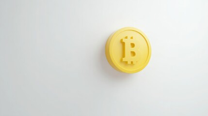 Poster - Bright yellow button on a white wall illustrating a concept of interaction in a modern digital financial environment