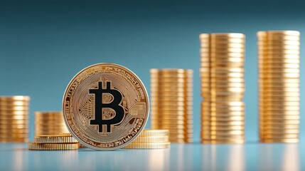 Poster - Bitcoin coin positioned in front of stacks of gold coins representing profit and loss tracking in cryptocurrency investments