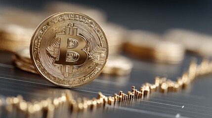 Poster - Close-up of bitcoin coin with dashed profit line for visualizing cryptocurrency investment goals