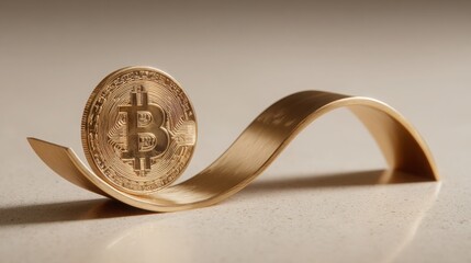 Poster - Bitcoin coin resting on luxurious gold ribbon representing wealth and prosperity in cryptocurrency investments