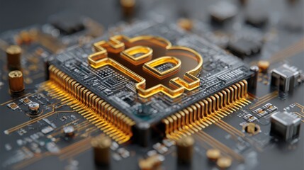 Poster - Close-up of a bitcoin chip highlighting circuitry and technology behind digital currency operations and transactions