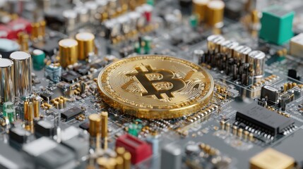 Poster - Bitcoin coin embedded on a computer motherboard representing the intersection of technology and digital finance