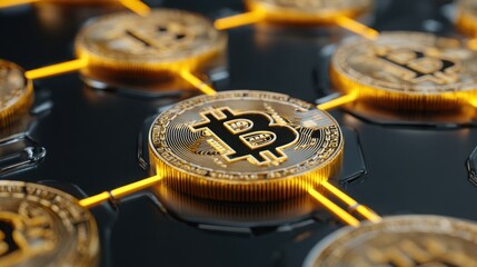 Poster - Bitcoin surrounded by multiple bitcoin icons representing secure storage in a quantum custody grid concept