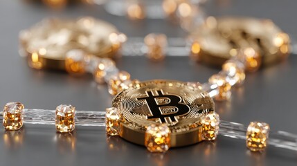 Poster - Bitcoin coin surrounded by sparkling diamonds representing value and wealth in a quantum ecosystem map concept